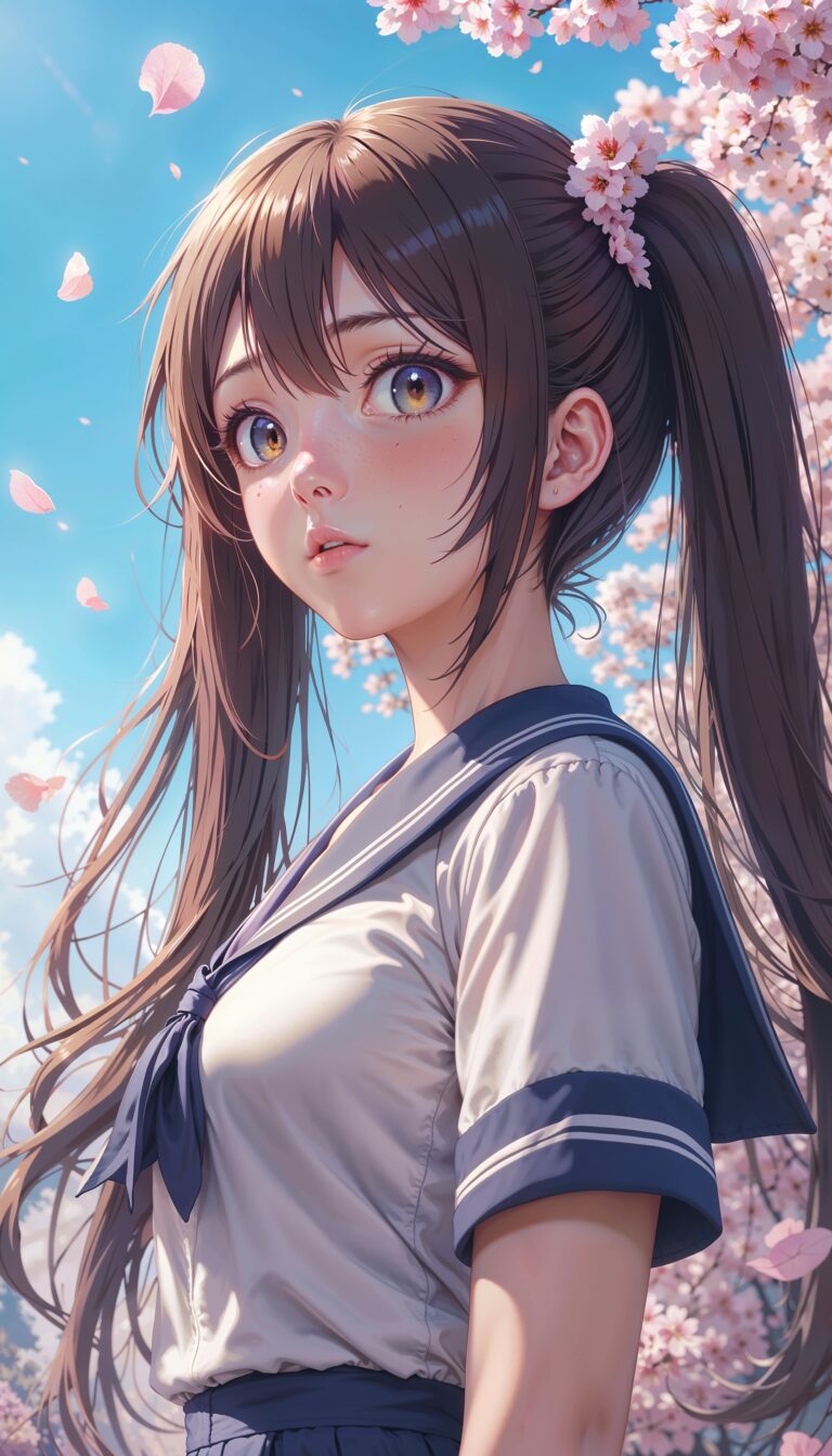 Anime_Schoolgirl_With_Twintails_Cherry_Blossom_Petals_Pastel_Sky_mobile_phone_wallpaper_HD