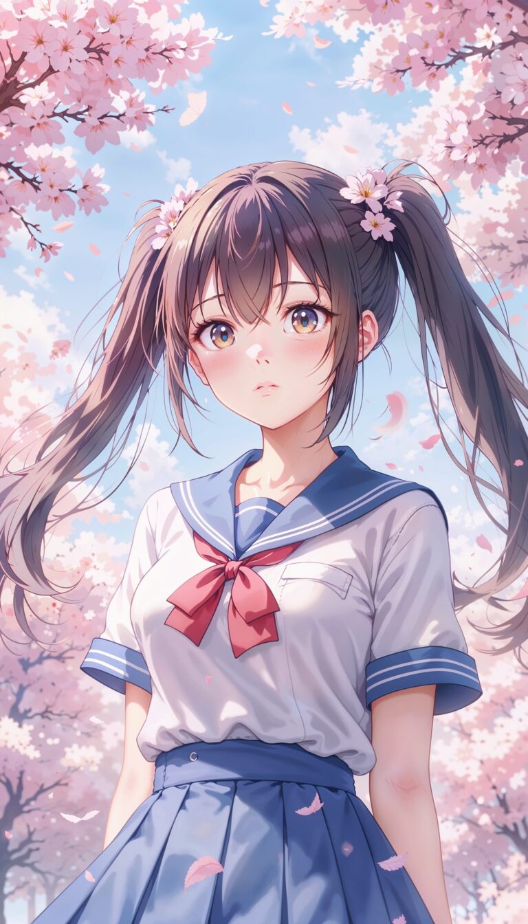 Anime_Schoolgirl_With_Twintails_Cherry_Blossom_Petals_Pastel_Sky_mobile_phone_wallpaper_HD