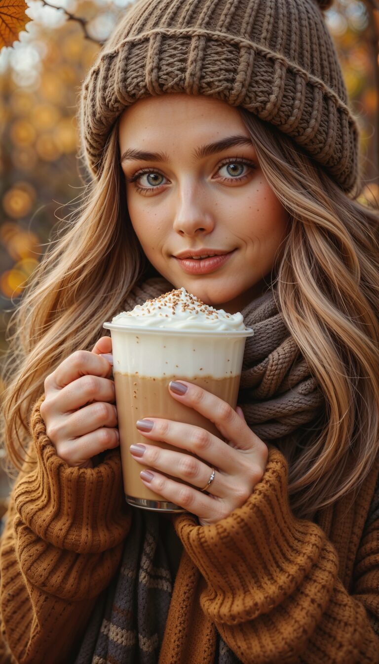 Autumn_Cozy_Girl_Holding_Pumpkin_Spice_Latte_With_Falling_Leaves_mobile_phone_wallpaper_HD