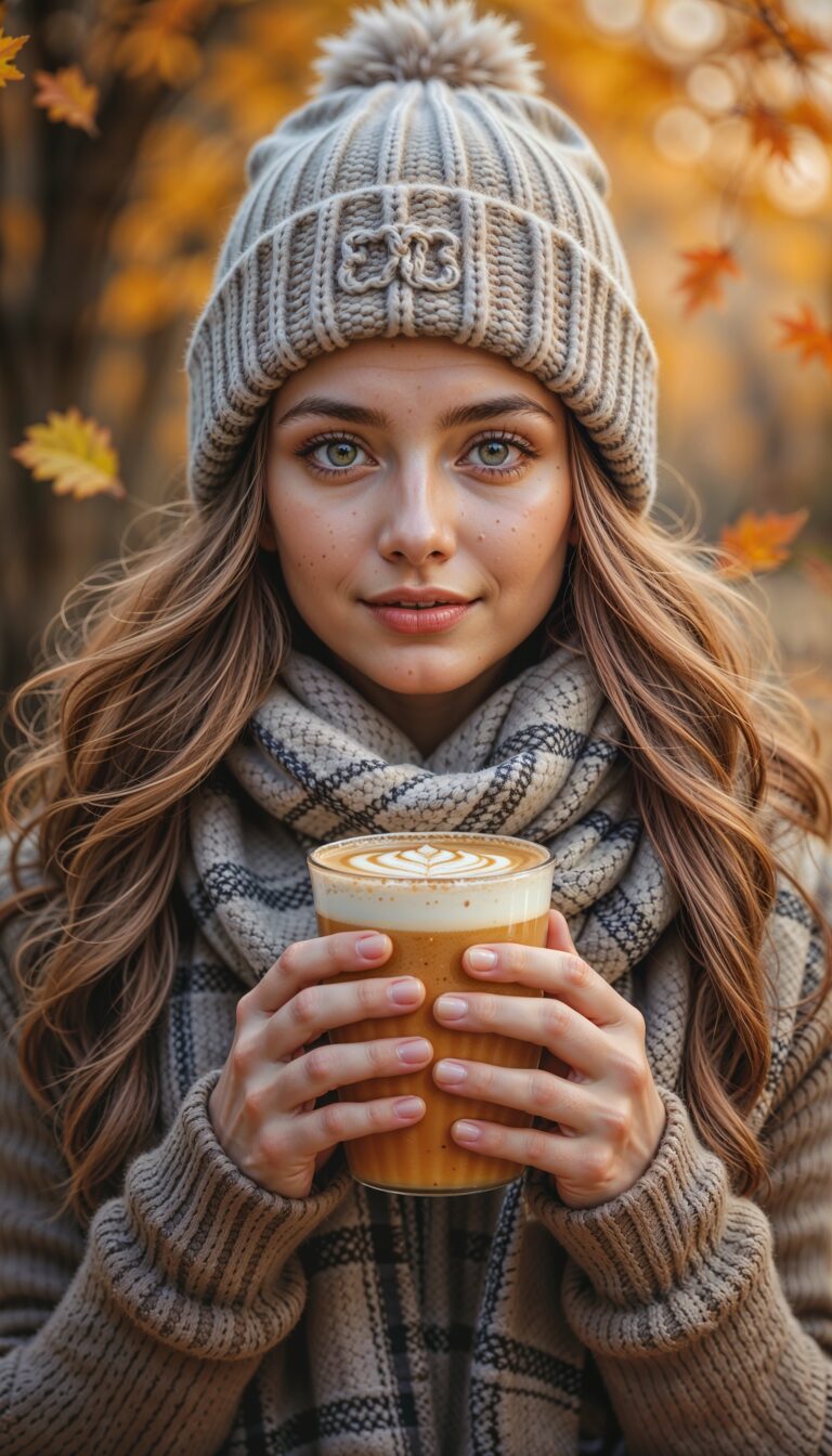 Autumn_Cozy_Girl_Holding_Pumpkin_Spice_Latte_With_Falling_Leaves_mobile_phone_wallpaper_HD