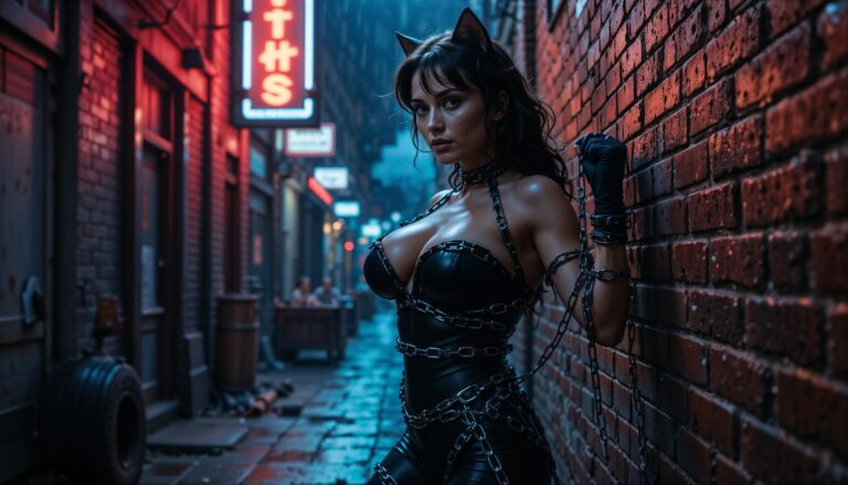 Bold_and_Hot_Catwoman_in_black_Leather_corset_against_red_brick_wall_Wallpaper