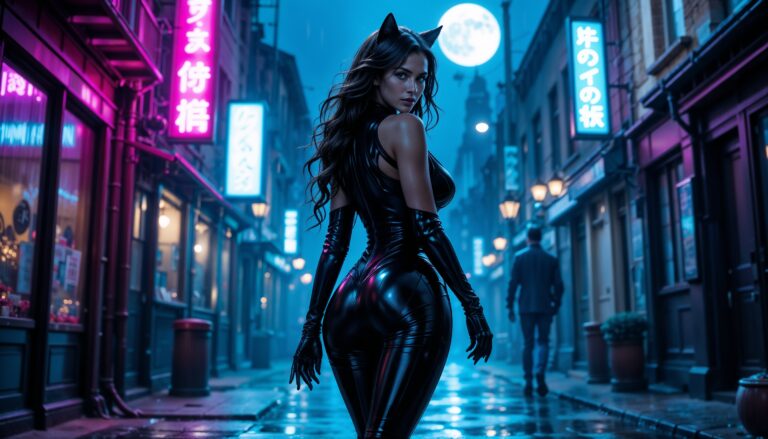 Bold_catwoman_from_behind_back_pose_walking_into_neon_alley_Wallpaper