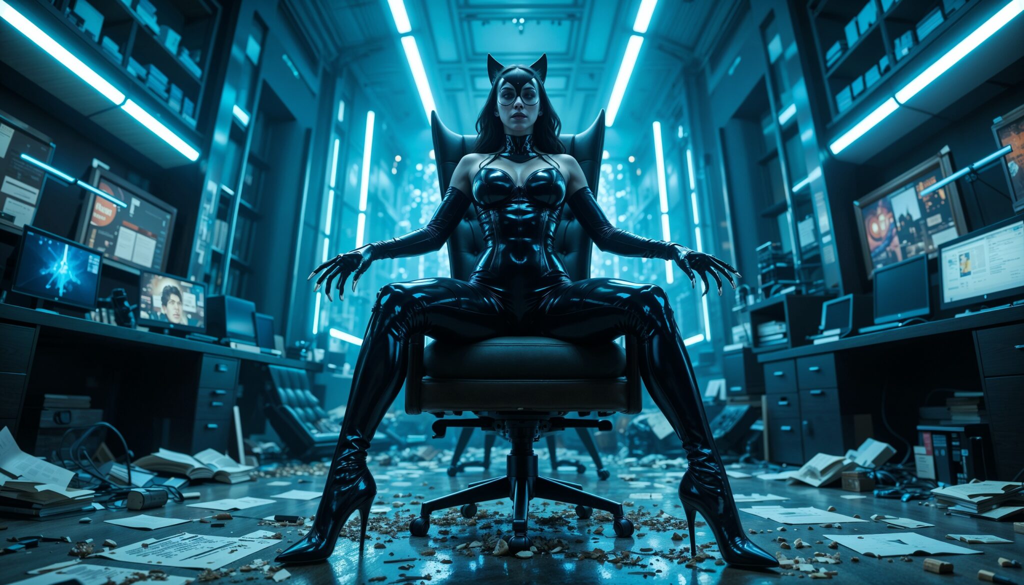 Catwoman_Sitting_on_Chair_between_futuristic_led_buildings