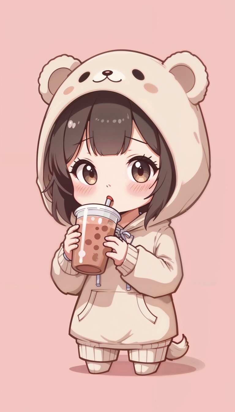 Chibi_Cute_Girl_In_Bear_Hoodie_Sipping_Boba_Pastel_Pink_mobile_phone_wallpaper_HD