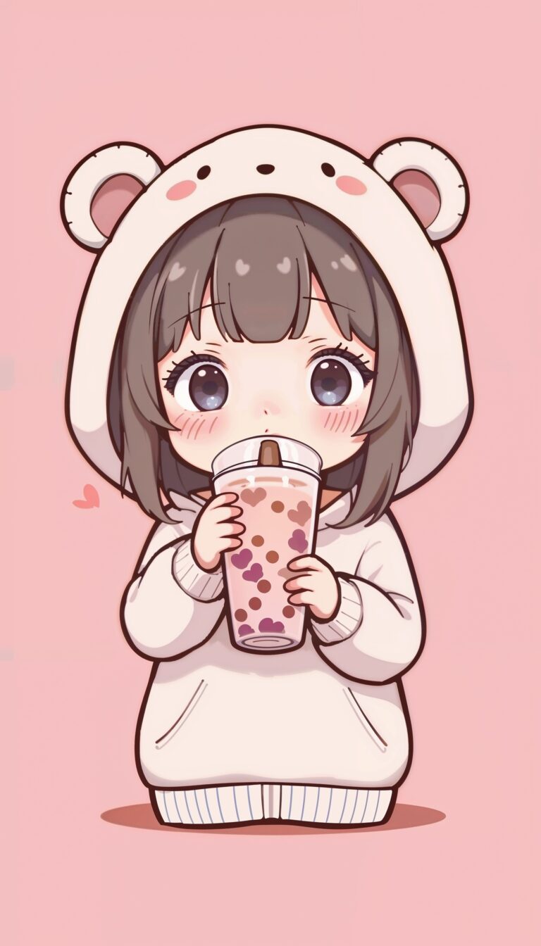 Chibi_Cute_Girl_In_Bear_Hoodie_Sipping_Boba_Pastel_Pink_mobile_phone_wallpaper_HD