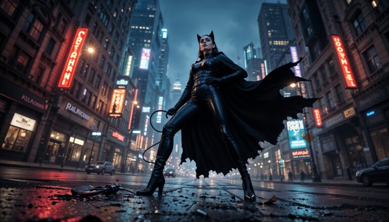 Confident_catwoman_with_cape_Posing_in_Middle_of_Street_woth_city_lights_background_Wallpaper