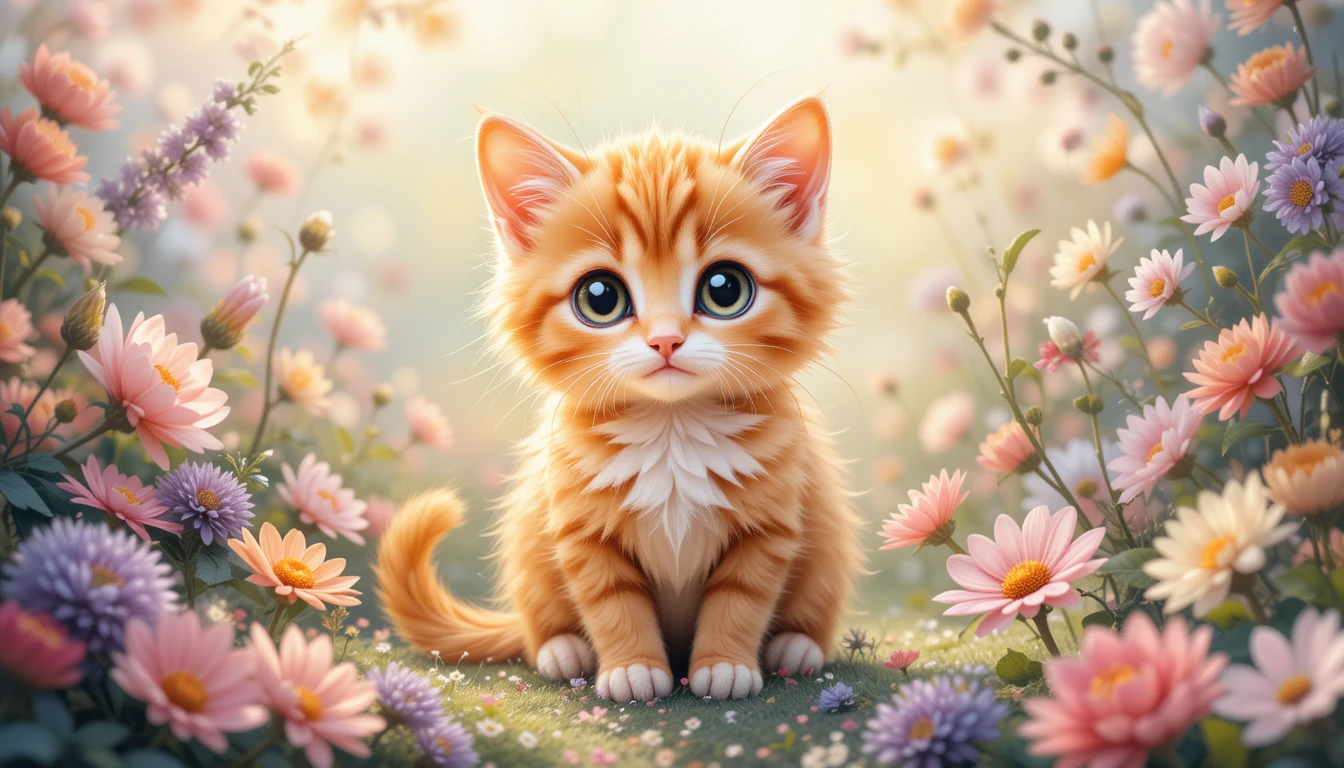 Cute-Kitten-in-Flower-Galden-Wallpaper