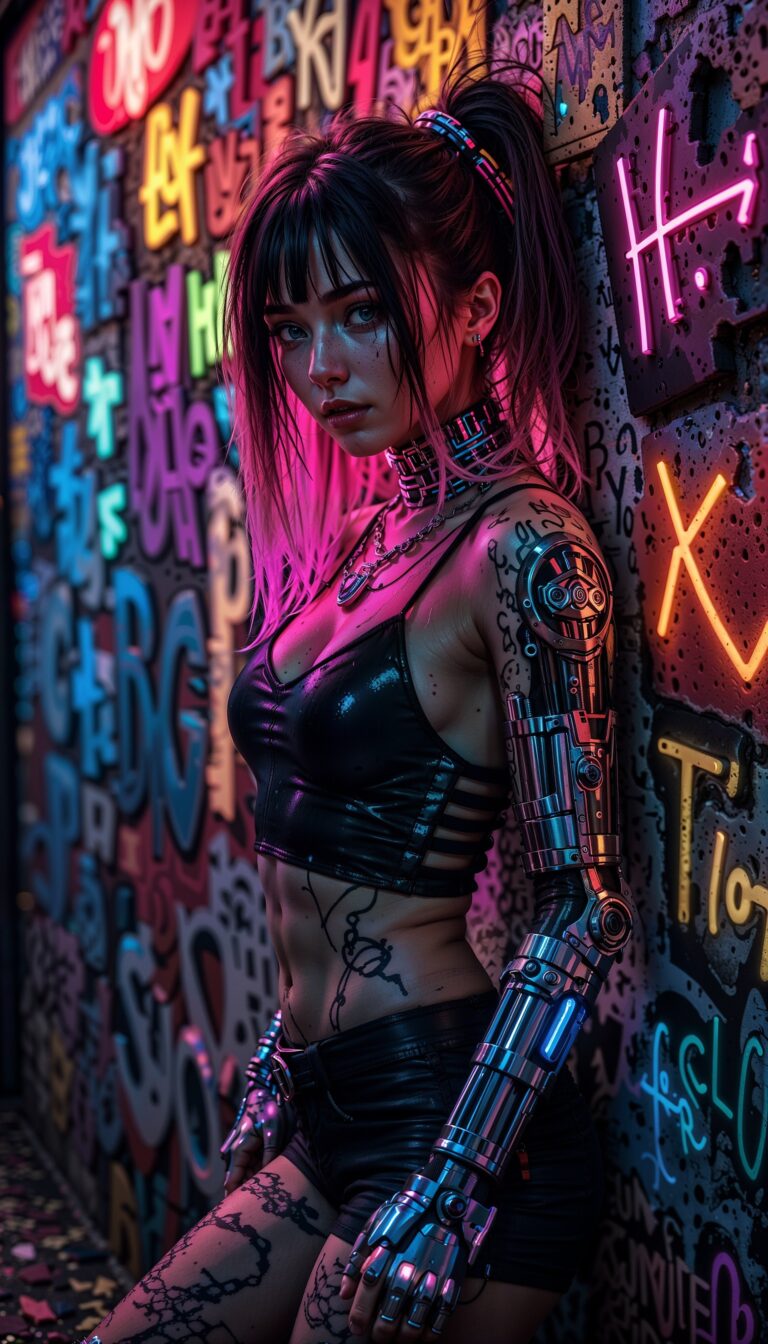 Cyberpunk_Girl_LED_Tattoos_Robotic_Arm_Neon_Graffiti_Background_mobile_phone_wallpaper_HD