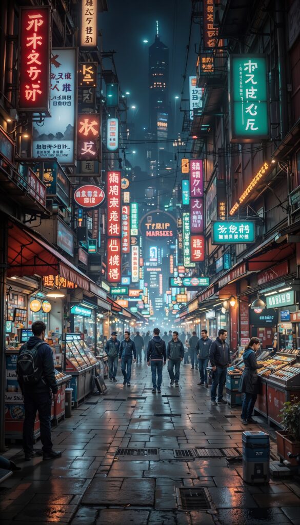 Cyberpunk_Street_Market_Holographic_Signs_Robotic_Vendors_Dystopian_Urban_Scene_mobile_phone_wallpaper_HD
