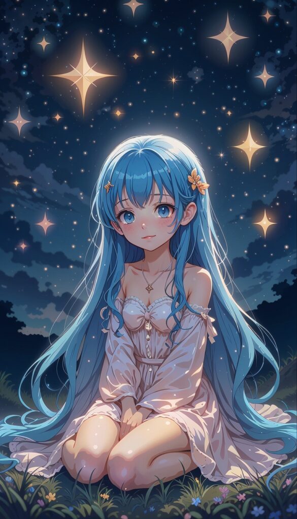 Dreamy_Cartoon_Girl_With_Blue_Hair_Under_Stars_Night_Sky_mobile_phone_wallpaper_HD