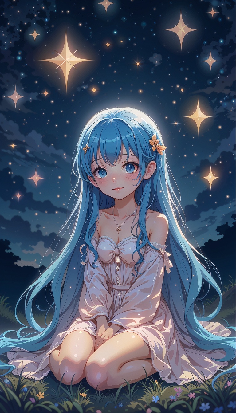 Dreamy_Cartoon_Girl_With_Blue_Hair_Under_Stars_Night_Sky_mobile_phone_wallpaper_HD