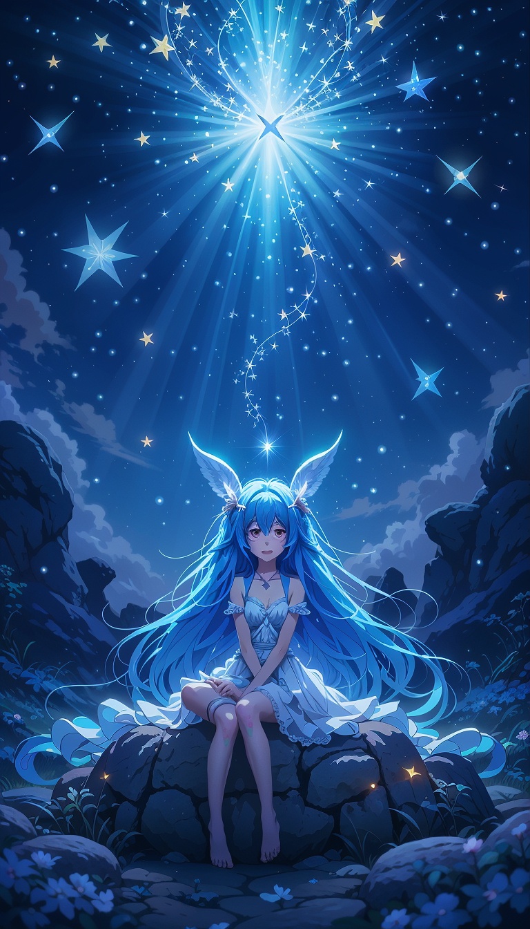 Dreamy_Cartoon_Girl_With_Blue_Hair_Under_Stars_Night_Sky_mobile_phone_wallpaper_HD
