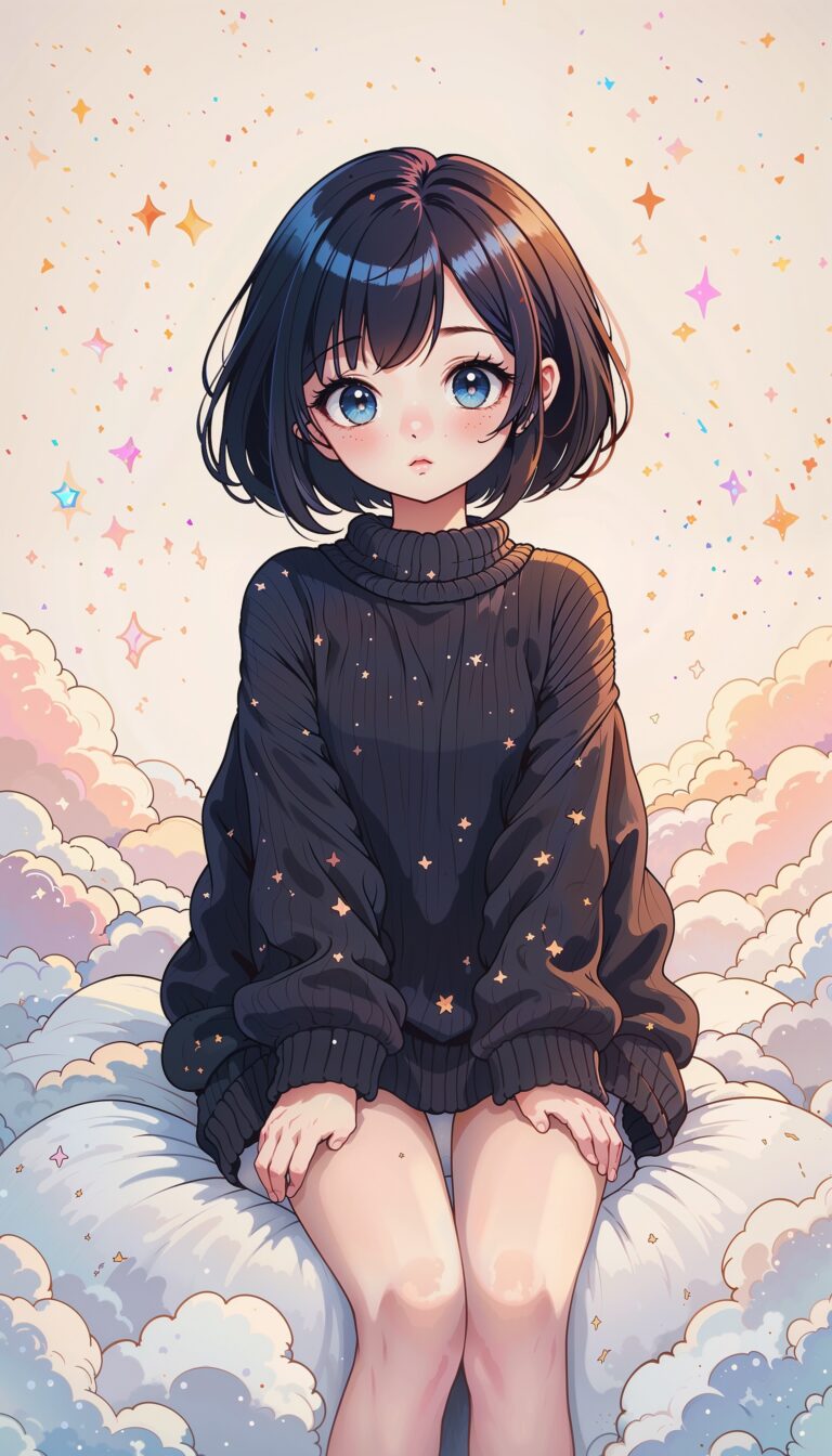 Fashionable_Cartoon_Girl_With_Short_Black_Hair_On_Clouds_mobile_phone_wallpaper_HD