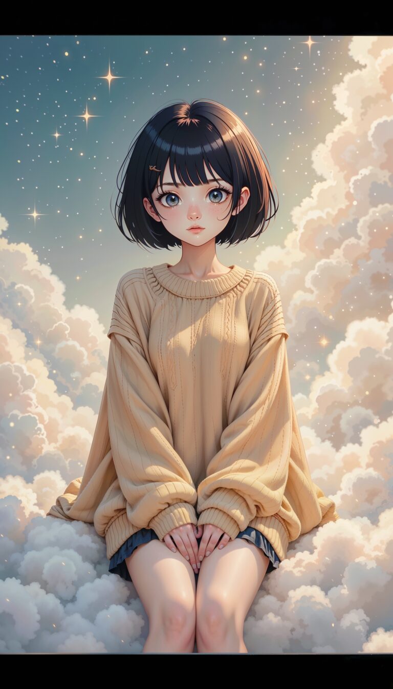 Fashionable_Cartoon_Girl_With_Short_Black_Hair_On_Clouds_mobile_phone_wallpaper_HD