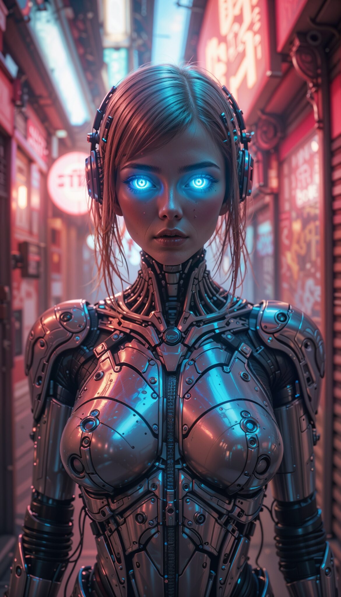 Female_Cyborg_Glowing_Blue_Eyes_Chrome_Armor_Neon_Alley_Vaporwave_Lighting_mobile_phone_wallpaper_HD