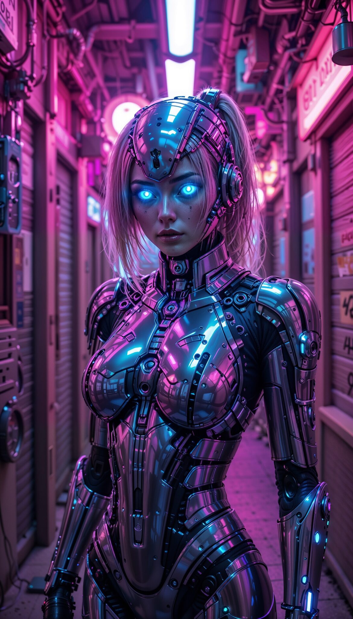 Female_Cyborg_Glowing_Blue_Eyes_Chrome_Armor_Neon_Alley_Vaporwave_Lighting_mobile_phone_wallpaper_HD