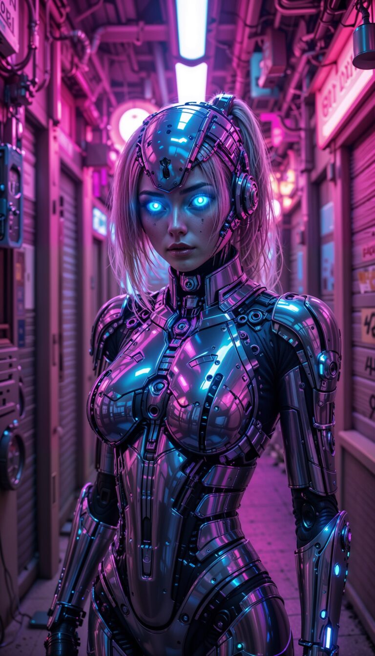Female_Cyborg_Glowing_Blue_Eyes_Chrome_Armor_Neon_Alley_Vaporwave_Lighting_mobile_phone_wallpaper_HD