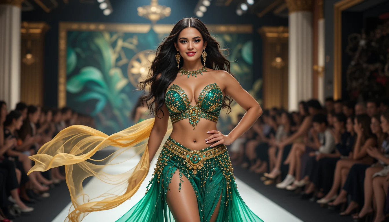 Hot-Curvy-Beautiful-Belly-Dancer-in-Green-Outfit-Walking-on-Fashion-Ramp-Walk