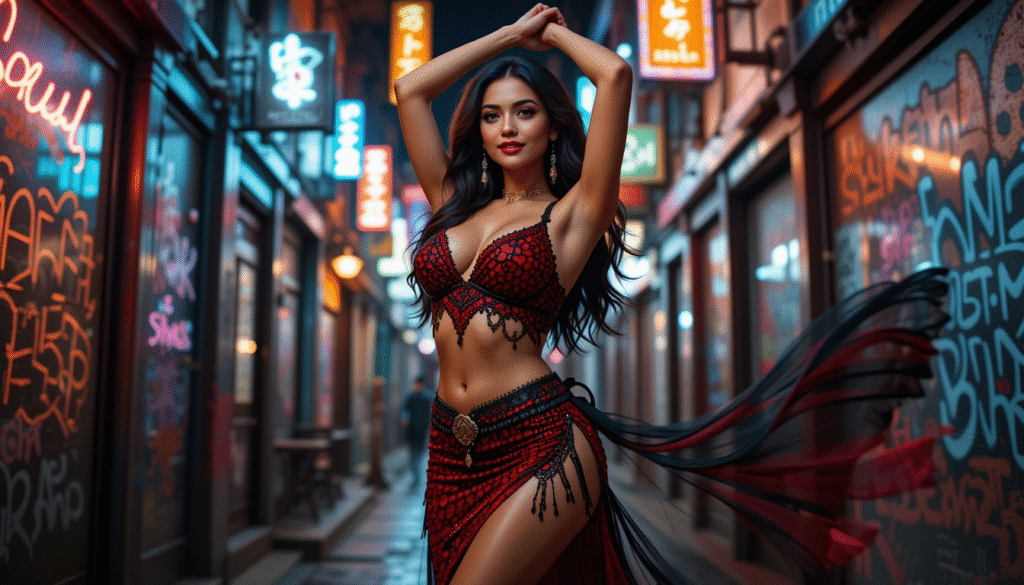 Hot-and-beautiful-Belly-Dancer-in-Red-Maroon-Outfit-in-Modern-Neon-Light-Background