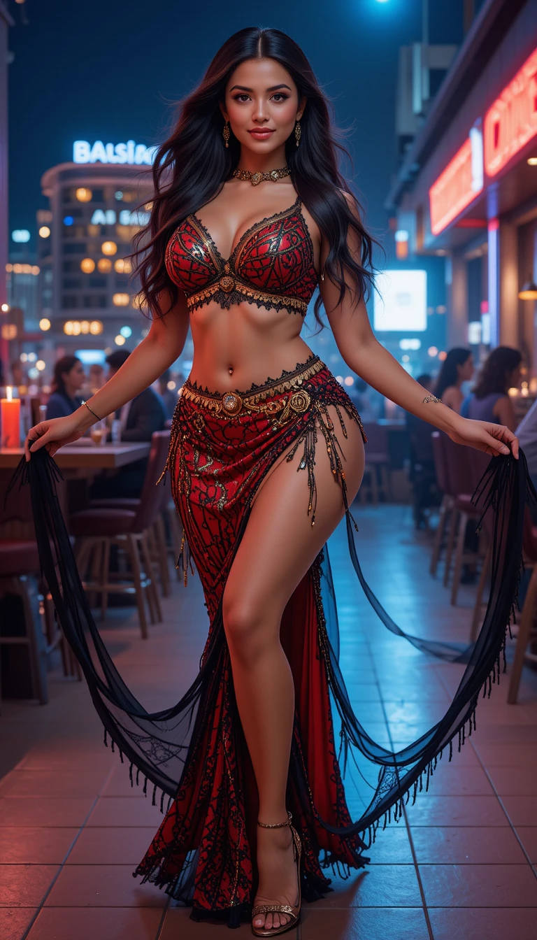 Hot-and-beautiful-Belly-Dancer-in-Red-Maroon-Outfit-in-Modern-Neon-Light-Background (2)