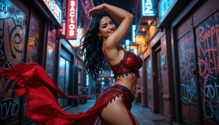 Hot-and-beautiful-Belly-Dancer-in-Red-Maroon-Outfit-in-Modern-Neon-Light-Background