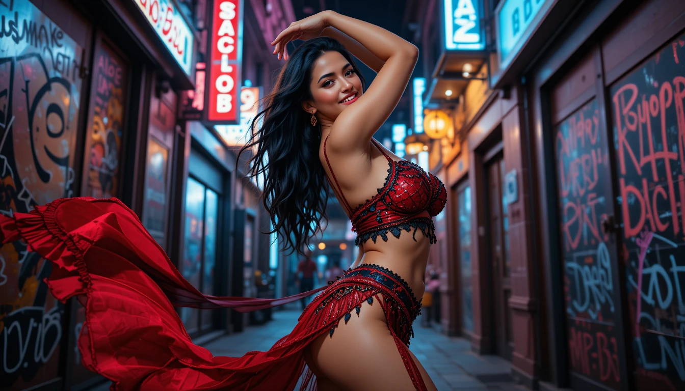 Hot-and-beautiful-Belly-Dancer-in-Red-Maroon-Outfit-in-Modern-Neon-Light-Background