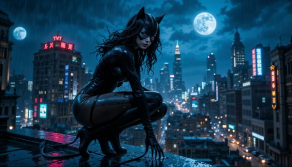 Hot_catwoman_kneeling_on_rooftop_under_neon_rain_Night_City_Wallpaper