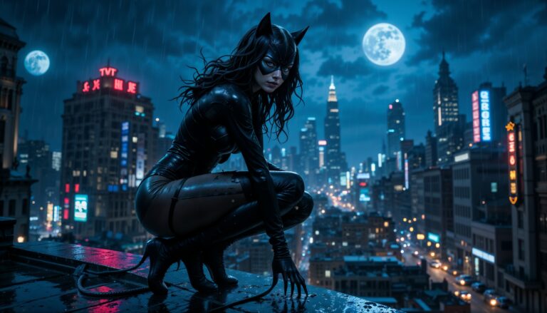 Hot_catwoman_kneeling_on_rooftop_under_neon_rain_Night_City_Wallpaper