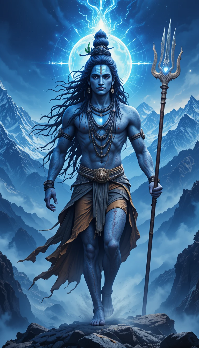 Indian-God-Shiva-with-trishul-snow-mountains-in-background