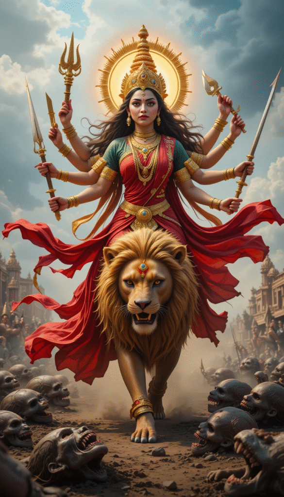 Indian-Goddess-Durga-on-Lion-with-multiple-sevelar-hands