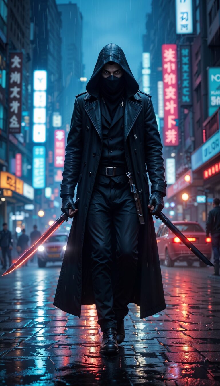 Masked_Vigilante_Katana_Neon_Backlight_Long_Coat_Rainy_Cyberpunk_Noir_mobile_phone_wallpaper_HD