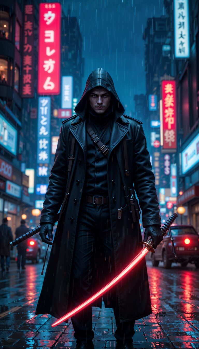Masked_Vigilante_Katana_Neon_Backlight_Long_Coat_Rainy_Cyberpunk_Noir_mobile_phone_wallpaper_HD
