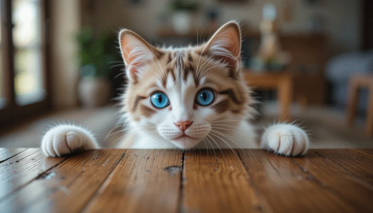 Mischievous_white_and_brown_cat_with_blue_eyes_peeking_over_wooden_table_ultra-detailed_4K_photo_natural_lighting_playful_expression_cute_wallpaper