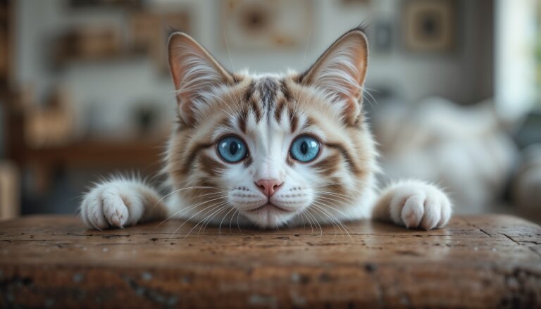 Mischievous_white_and_brown_cat_with_blue_eyes_peeking_over_wooden_table_ultra-detailed_4K_photo_natural_lighting_playful_expression_cute_wallpaper