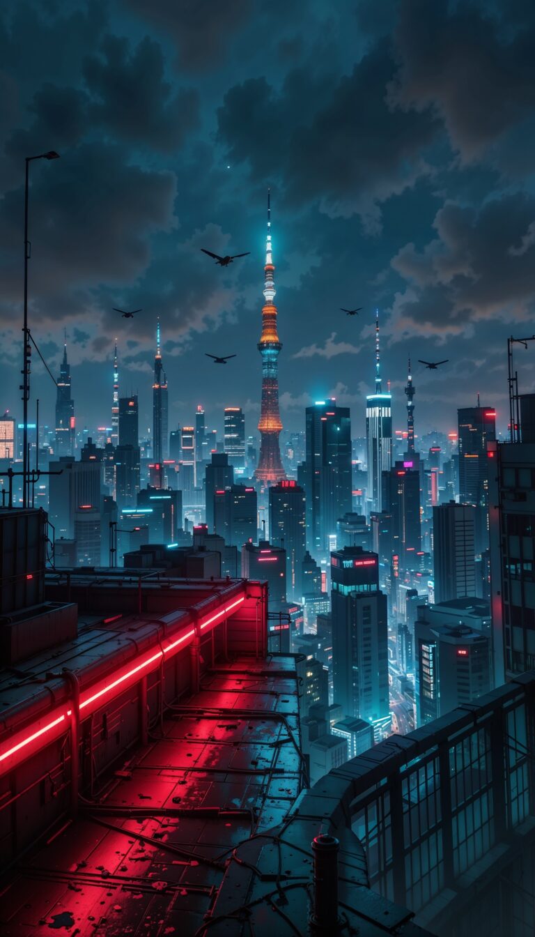 Neon_Rooftop_View_Tokyo_Skyline_Drones_Atmosphere_Cyberpunk_Scene_mobile_phone_wallpaper_HD