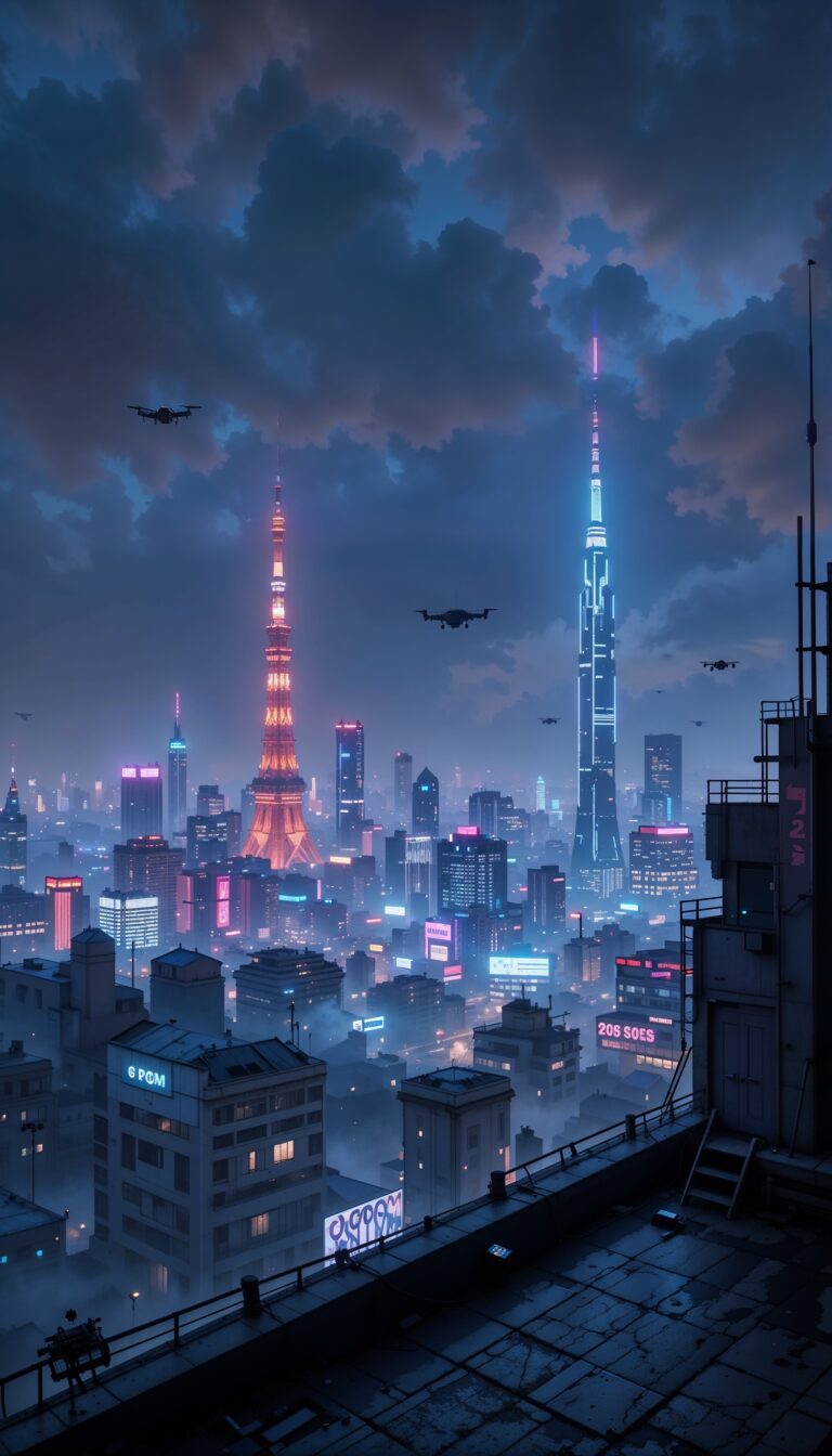 Neon_Rooftop_View_Tokyo_Skyline_Drones_Atmosphere_Cyberpunk_Scene_mobile_phone_wallpaper_HD