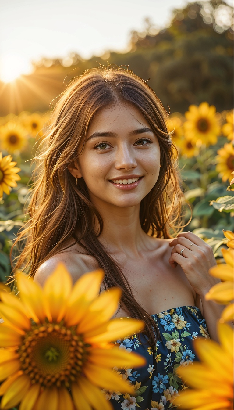 Realistic_Cute_Teen_Girl_With_Sunflower_Backdrop_Golden_Light_mobile_phone_wallpaper_HD