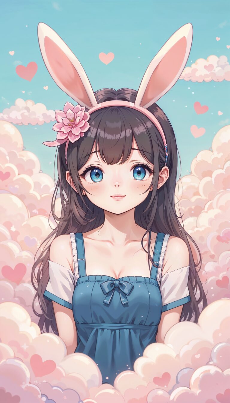 Smiling_Cute_Girl_With_Bunny_Ears_Headband_And_Hearts_Background_mobile_phone_wallpaper_HD