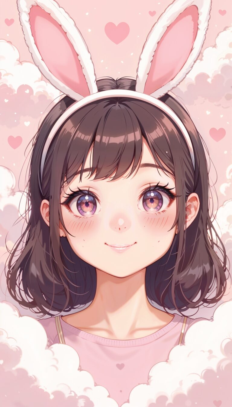 Smiling_Cute_Girl_With_Bunny_Ears_Headband_And_Hearts_Background_mobile_phone_wallpaper_HD