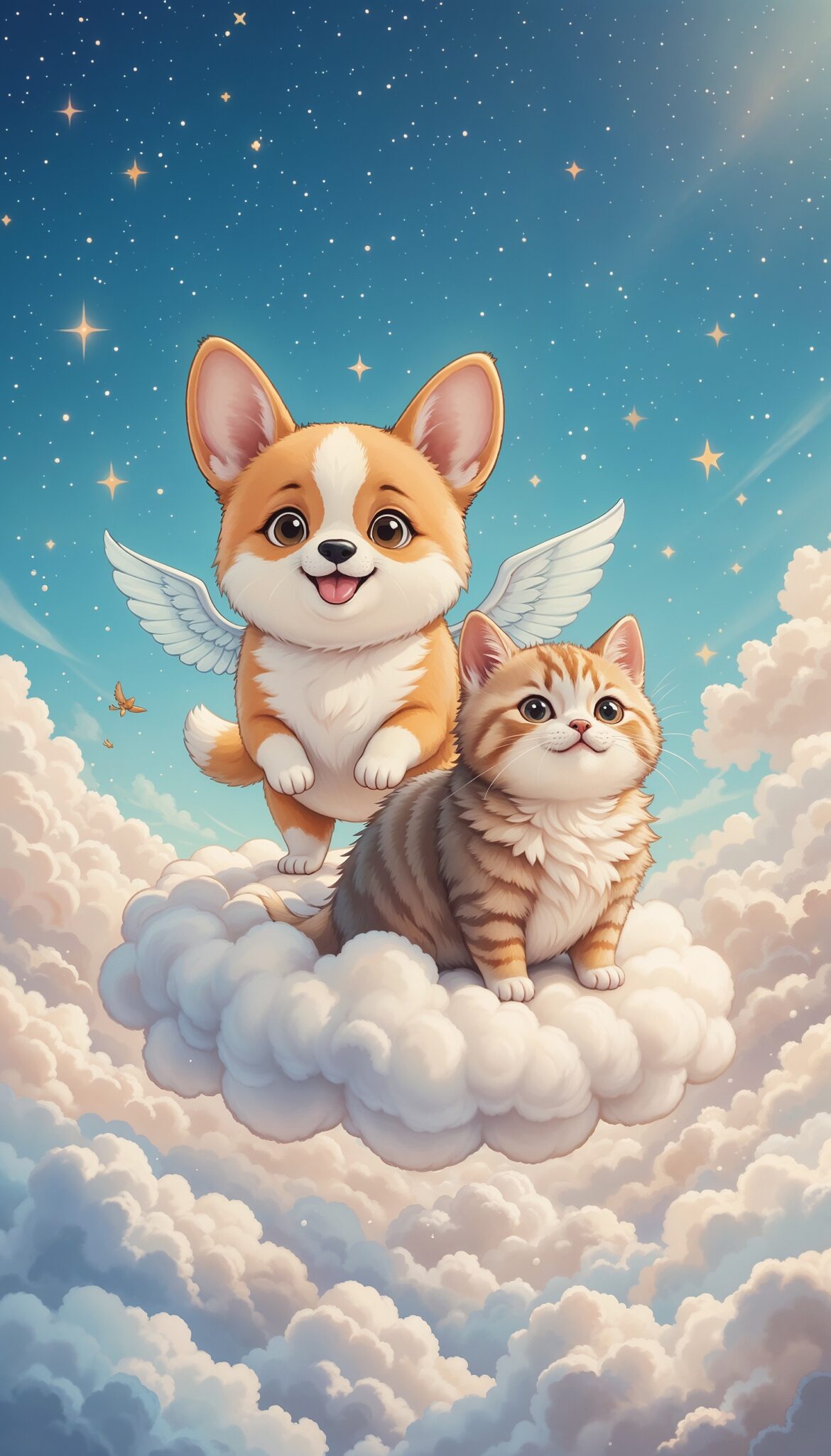 cartoon_corgi_and_tabby_cat_flying_on_cloud_dreamy_cute_dog_and_cat_mobile_phone_wallpaper_HD