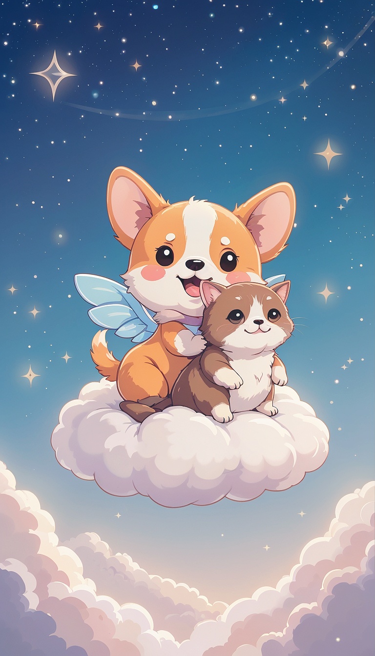cartoon_corgi_and_tabby_cat_flying_on_cloud_dreamy_cute_dog_and_cat_mobile_phone_wallpaper_HD