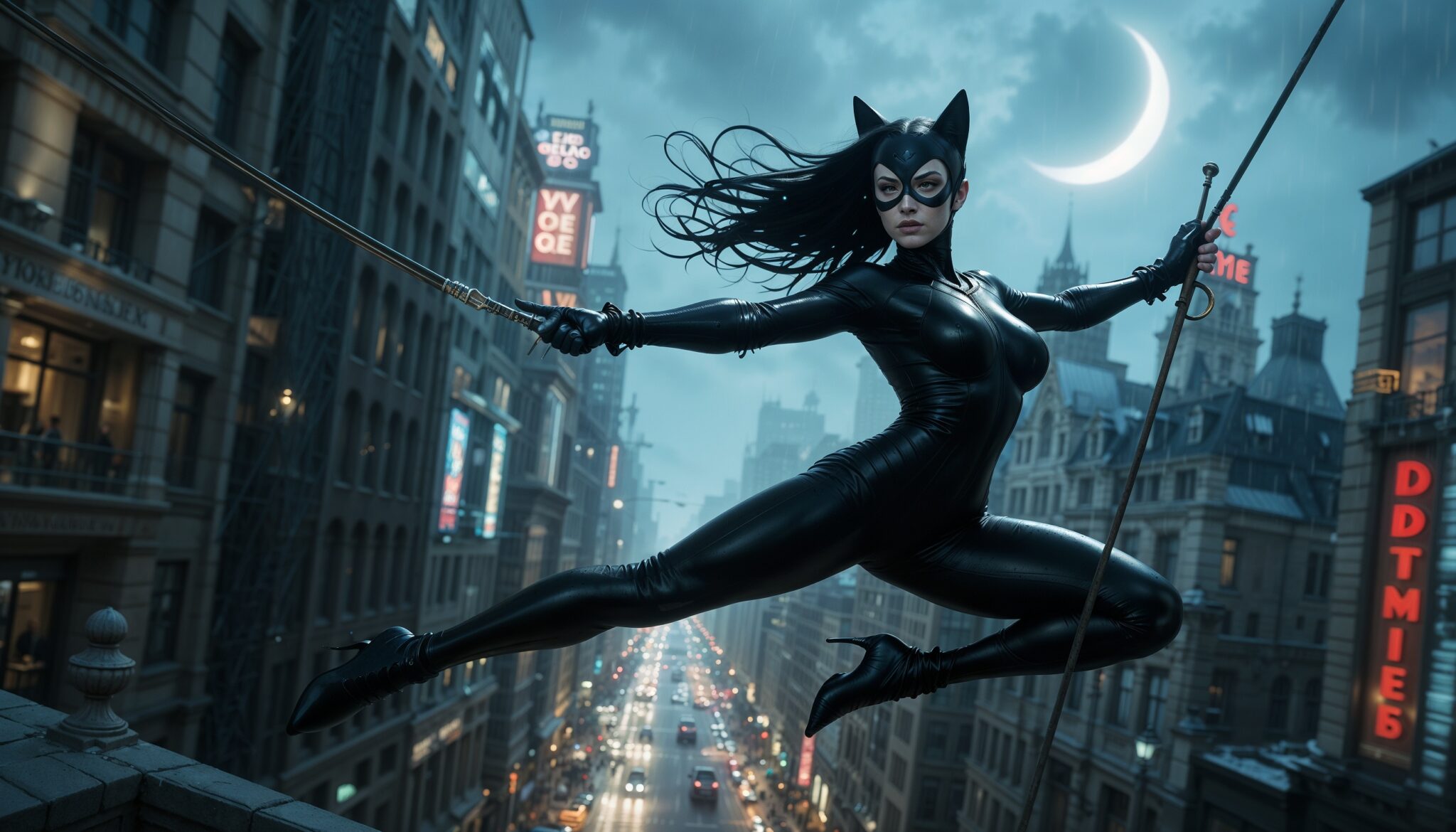 catwoman_Swinging_with_Whip_Among_Buildings_in_empty_city_street_with_whip_Wallpaper