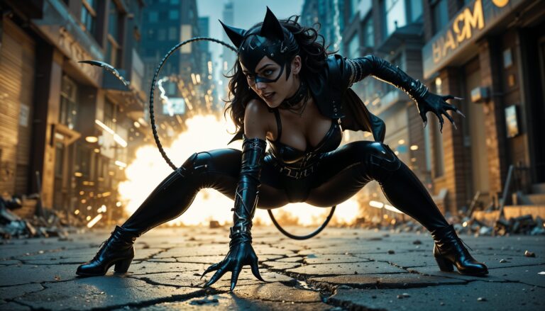 catwoman_in_Attacking_pose_with_Blast_in_Background_Wallpaper