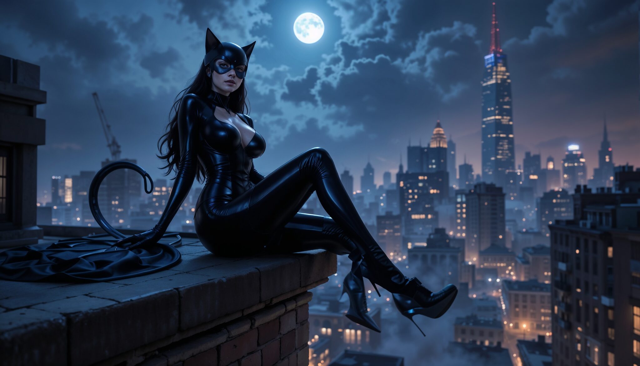 catwoman_posing_on_skyscraper_edge_with_city_lights
