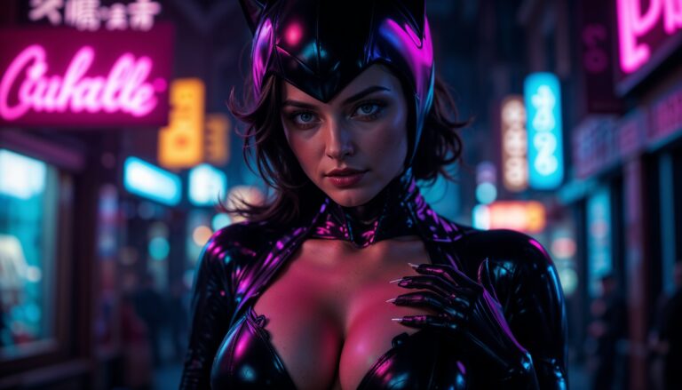 catwoman_smiling_in_latex_with_neon_sign_background