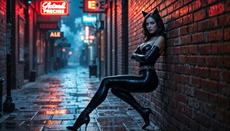 catwoman_walking_alone_in_rainy_brick_alley
