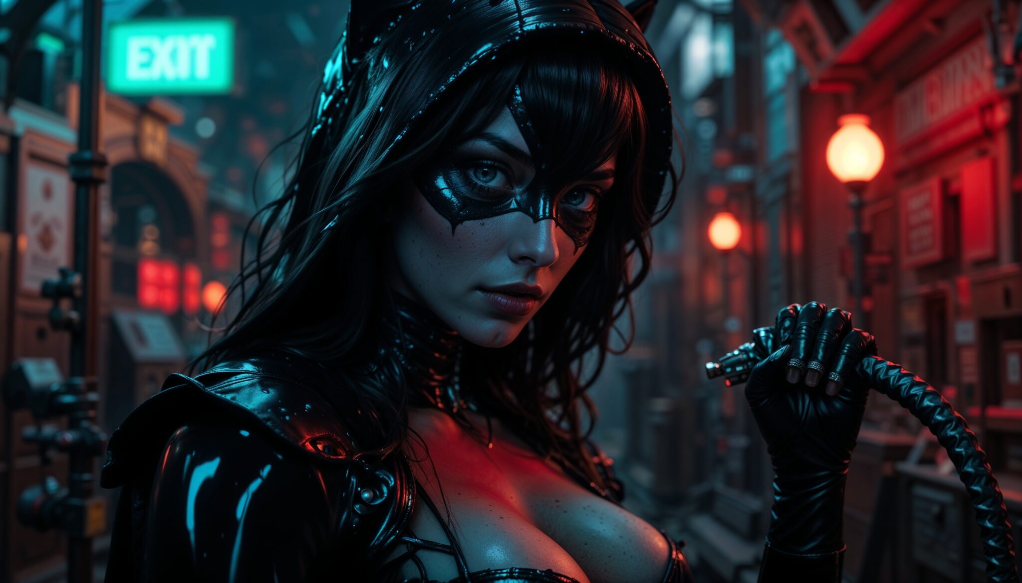 closeup_catwoman_with_whip_in_rainy_cyberpunk_city