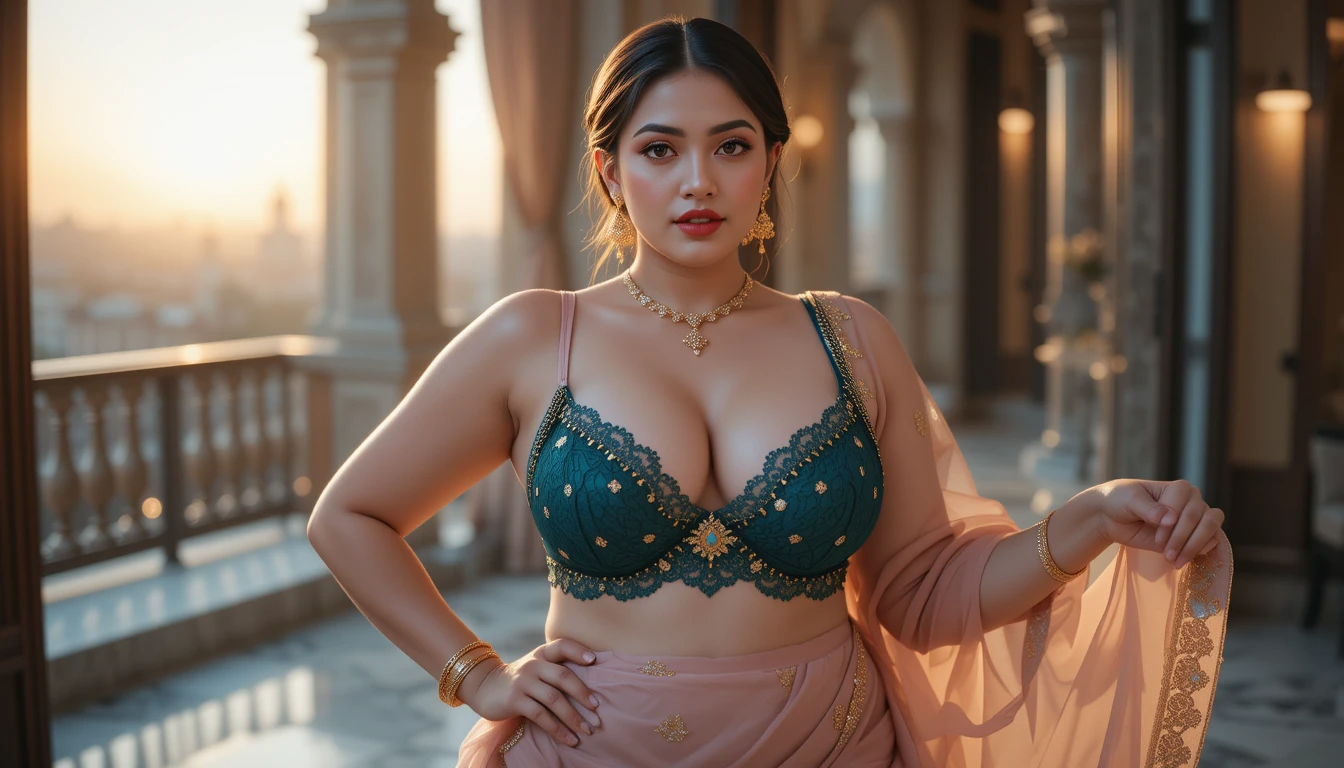 curvy_woman_in_green_embellished_lingerie_and_peach_sari_draped_gracefully_on_balcony_at_sunset_showcasing_glamorous_ethnic_fusion_style
