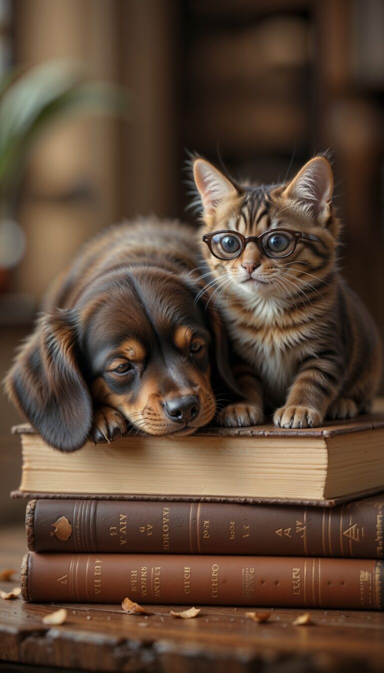 dachshund_puppy_and_calico_kitten_sleeping_with_books_cute_reading_pets_mobile_phone_wallpaper_HD