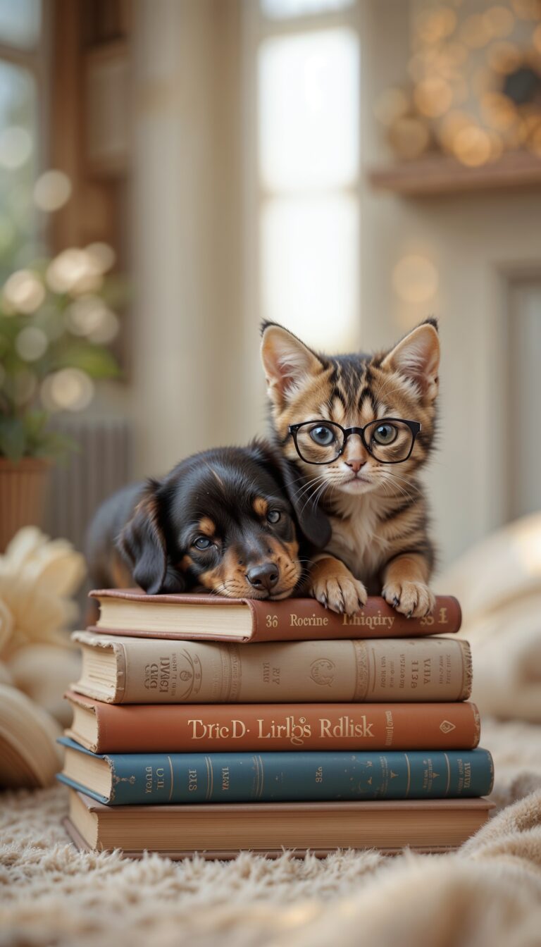dachshund_puppy_and_calico_kitten_sleeping_with_books_cute_reading_pets_mobile_phone_wallpaper_HD